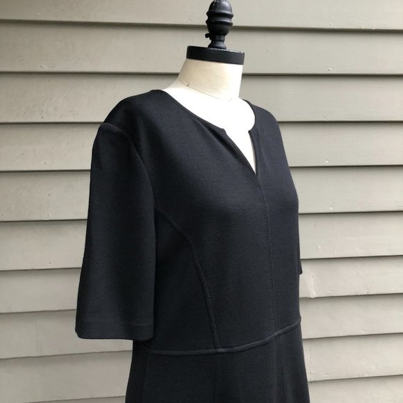 ST. JOHN Caviar Milano Knit Front Slit Split Neck Midi Length Black Sheath Dress - Picture 11 of 16